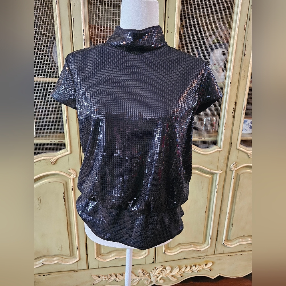 Cheetah B Black Sequined Blouse Size 12
